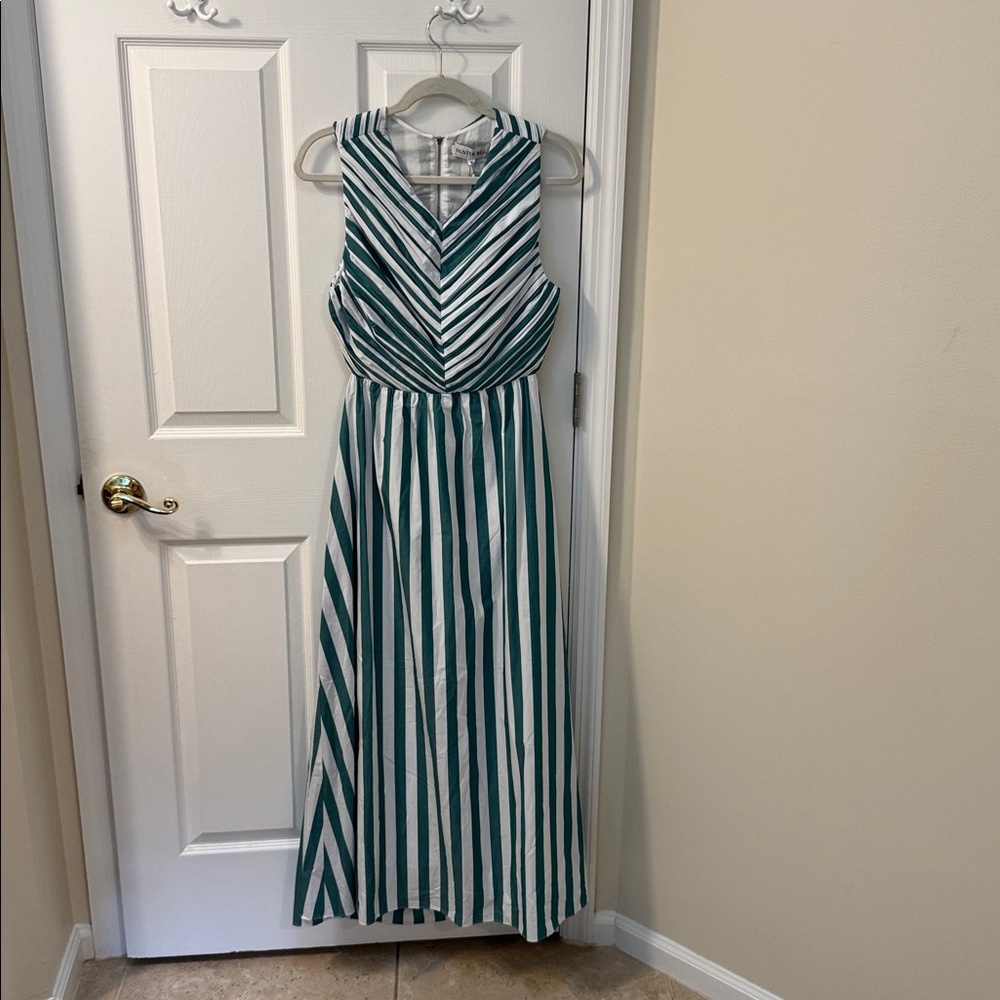 Hunter Bell Green and White Striped Sleeveless Dress